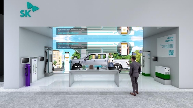 ▲ CES 2023에서 SK그룹 전기차 관련 제품과 기술이 전시되는 '클린 모빌리티존'. ⓒSK 제공