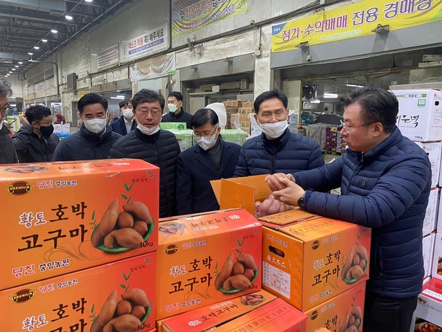 ▲ 이종욱 농협충남세종본부장(우측)과 이한수 농협대전공판장 사장이 농협대전공판장에서 경매 대기중인 농산물 살펴보고 있다.ⓒ농협충남세종농협본부