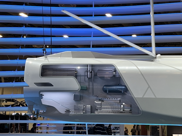 ▲ CES 2023 LVCC HD현대 부스에 전시된 미래형 선박 선체 끝 부분. ⓒ김보배 기자