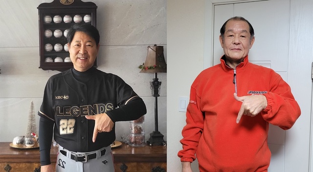 ▲ 이만수(왼쪽) 감독과 박철순 코치가 럭치칠곡 포즈로 소아암 어린이를 응원하고 있다.ⓒ칠곡군