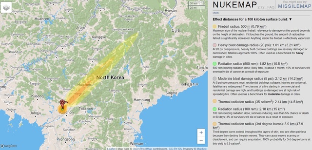핵폭발 시뮬레이션 프로그램인 '누크맵(NUKEMAP)'을 통해 분석한 영변 핵폭발 시나리오. ⓒ누크맵 캡쳐