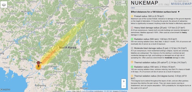 ▲ 핵폭발 시뮬레이션 프로그램인 '누크맵(NUKEMAP)'을 통해 분석한 영변 핵폭발 시나리오. ⓒ누크맵 캡쳐