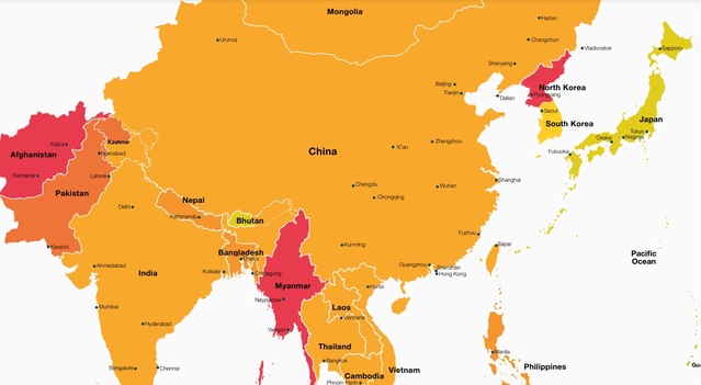 ▲ 영국 '컨트롤 리스크'가 발표한 위험지도(Risk Map 2023). 위험도 1~10단계 중 9단계에 해당하는 국가들은 붉은색으로 표현돼 있다. ⓒ컨트롤 리스크 홈페이지