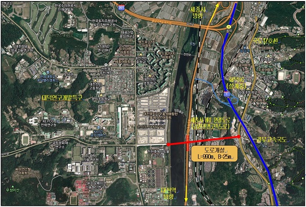 ▲ 대전시가 대덕 특구 동측진입로 개설공사(유성구 문지지구와 대덕구 국도 17호선'1.3km, 왕복 4차로') 사업자 선정을 위한 입찰 공고했다.ⓒ대전시