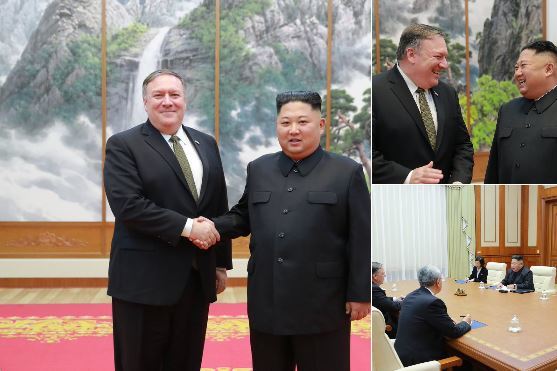 마이크 폼페이오 미국 국무장관이 2018년 10월 7일 북한 평양에서 김정은 국무위원장과 만나 악수하고 있다.
ⓒ도널드 트럼프 전 미국 대통령 트위터=뉴시스
