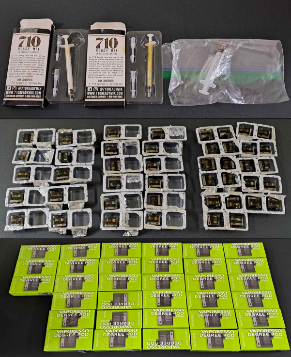 ▲ 검거된 피의자의 주거지에서 압수한 액상대마 주입용 주사기, 액상대마 카트리지. ⓒ서울중앙지검 제공