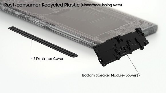 ▲ 갤럭시 S23울트라에 적용된 폐어망 재활용 플라스틱 부품.ⓒ삼성전자