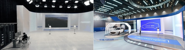 ▲ 현대캐피탈 자동차 렌탈 판매 방송으로 미디어월에 XR 기술을 적용시킨 장면 (왼쪽부터 적용 전, 후)ⓒCJ ENM