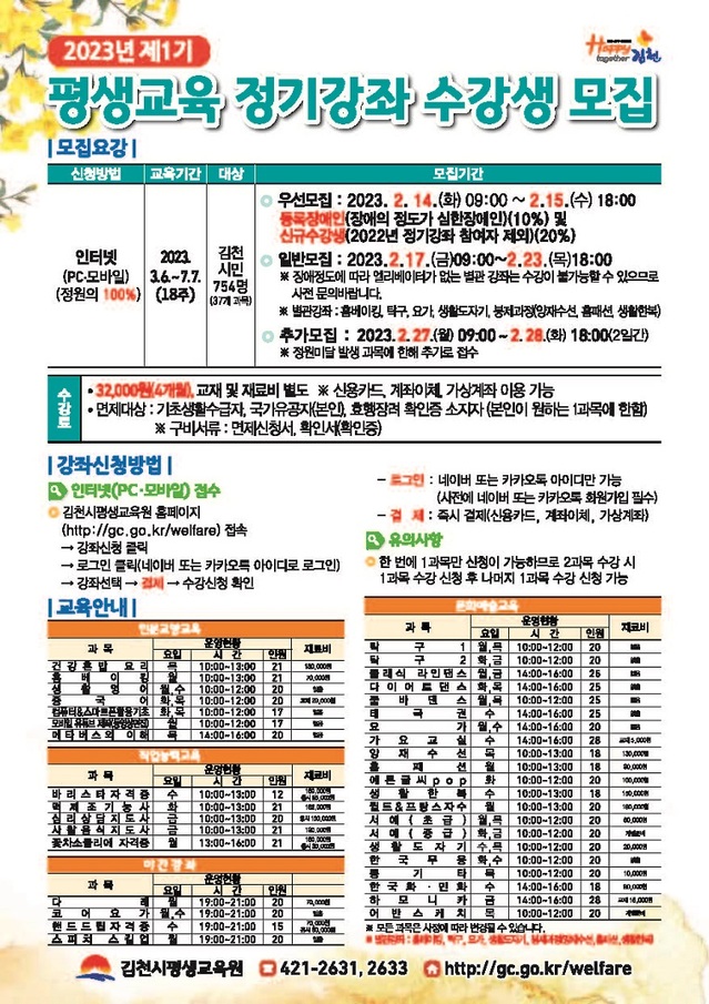 ▲ 김천시평생교육원에서는 ‘2023년 평생교육 정기강좌’ 수강생 37개 과목 754명을 2월 14일 우선모집을 시작으로 2월 28일까지 모집한다.ⓒ김천시