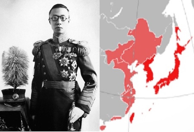 ▲ 만주국 왕 푸이, 일본의 대륙침략지도(자료사진).
