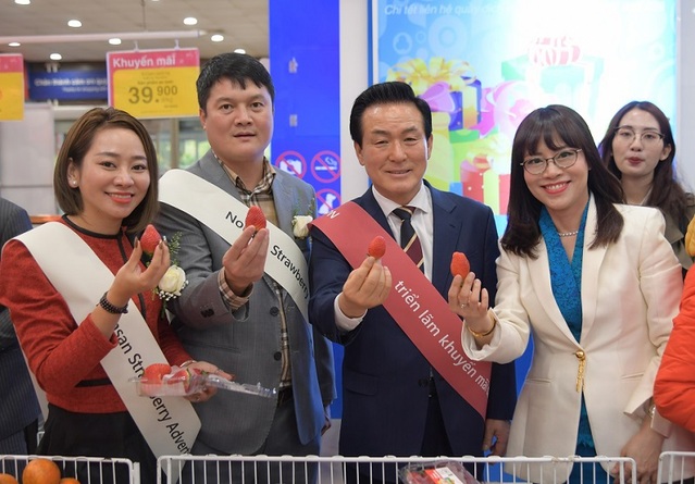 ▲ 백성현 논산시장(왼쪽 세 번째)이 지난 14일부터 베트남 하노이 COOP마트에서 안민 MH그룹 대표와 함께 논산딸기 판촉전 행사에 참여하고 있다.ⓒ논산시