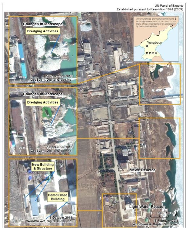 ▲ 유엔 안보리 대북제재위원회 전문가 패널은 2019년 3월 12일(현지시간)발표한 보고서에서 북한의 제재위반 행위가 여전히 일어나고 있다고 밝혔다. 사진은 영변 5MW 원자로의 활동을 포착한 것이다. 왼쪽 사진 맨 아래쪽에 새로운 건물이 들어서 있는 것이 보인다. 보고서는 영변 원자로가 지난 2018년 2월과 4월, 4월 중에는 며칠동안 운영을 멈췄다면서, 이는 시설 유지를 위한 활동으로 보인다고 밝혔다. 지난해 9월과 10월에도 약 2개월간 원자로 운영이 중단됐는데, 이 때 폐연료봉 인출이 이뤄졌을 수 있다고 지적했다. ⓒ유엔 안보리 대북제제위 보고서 캡처/뉴시스