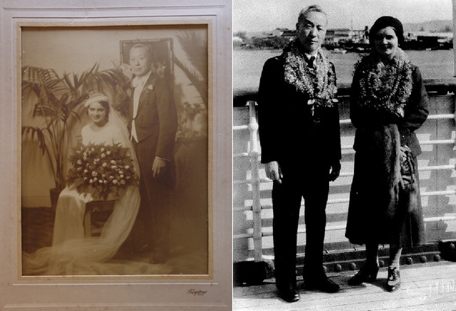 ▲ 지난해 처음 발굴한 이승만-프란체스카 결혼사진. 오른쪽은 호놀룰루에 도착하여 환영레이를 목에 건 신혼부부ⓒ뉴데일리DB