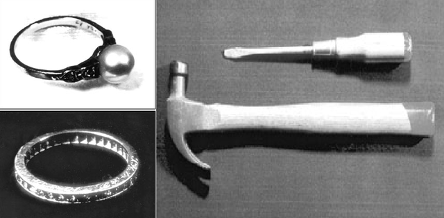 결혼반지, 진주가 박힌 위 반지는 이승만이 산 것, 아래 다이어몬드가 박힌 반지는 프란체스카가 산것. 오른쪽 장도리와 드라이버는 프란체스카가 오스트리아에서 가져온 것.(자료사진)