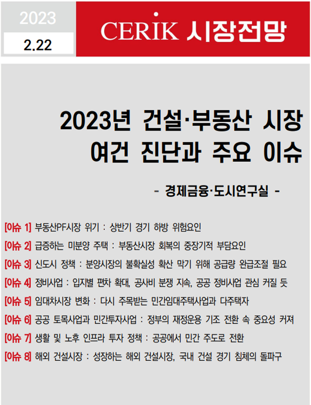 ▲ '2023년 건설·부동산시장 여건 진단과 주요 이슈' 보고서. ⓒ한국건설산업연구원