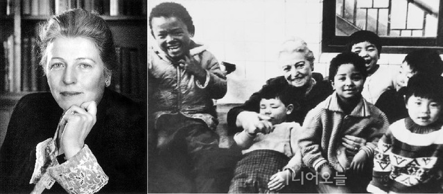 ▲ 노벨문학상 미국작가 펄벌. 오른쪽은 부천에 펄벅이 설립한 소사희망원 어린이들을 방문한 펄벅.('시니어오늘'게재 사진 캡처)