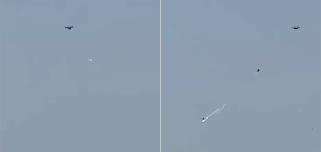 ▲ 안티드론 시스템이 불법·위협 드론의 크기·무게 등을 판별, 포획 후 그물에 설치된 낙하산으로 이를 안전하게 제거하는 모습.ⓒ한화시스템