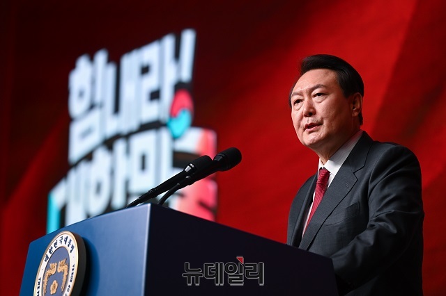 ▲ 윤석열 대통령이 지난 8일 국민의힘 전당대회에 참석해 축사를 하고 있다.ⓒ대통령실 제공