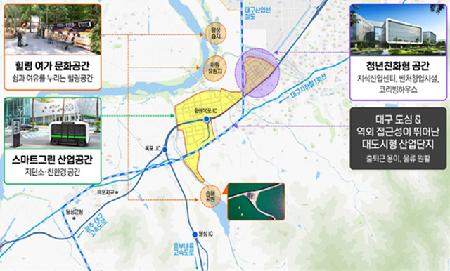 ▲ 대구시는 대구 미래 스마트기술 국가산업단지가 도심 접근성이 뛰어나고 문화자원과 인접한 입지특성을 활용해 저탄소사회에 부합할 수 있도록 ‘청년친화적이고 힐링이 함께하는 대도시형 그린산업공간’으로 특성화할 방침이다.ⓒ대구시