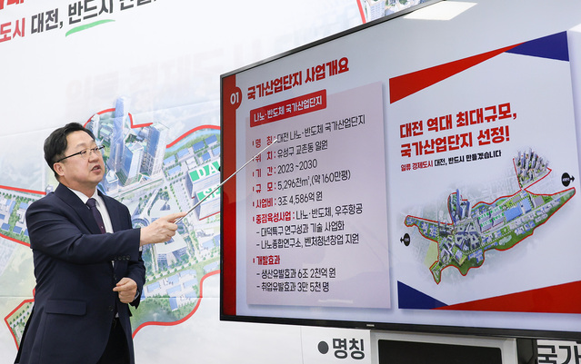 ▲ 이장우 대전시장이 15일 시청에서 교촌동 일원에 대규모 ‘나노·반도체 국가산업단지’ 후보지로 최종 선정과 관련해 브리핑을 하고 있다.ⓒ대전시