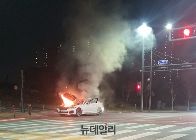 ▲ 21일 오후 7시 33분쯤 세종시 아름동 도로를 달리던 BMW 차량에서  불이 나 불꽃이 치솟고 있다.ⓒ이길표 기자