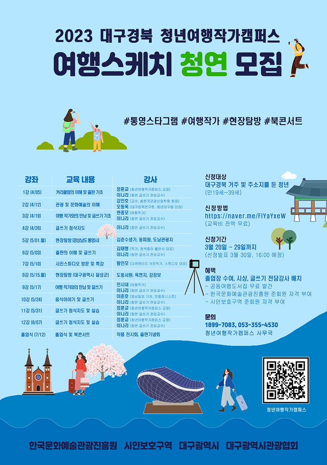 ▲ 대구시는 대구관광협회, 한국문화예술관광진흥원, 시인보호구역과 함께 지역 청년을 대상으로 관광 미래인재 양성을 위한 ‘2023 제3기 대구·경북 청년여행작가캠퍼스, 여행스케치 청연’을 추진한다.ⓒ대구시