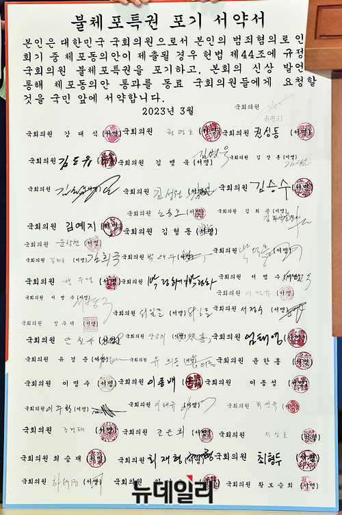 ▲ 국민의힘이 공개한 불체포특권 포기 서약서. ⓒ민도현 기자