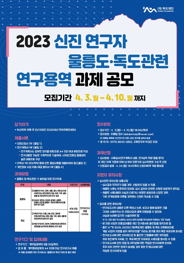 ▲ 2023 신진연구자 울릉도·독도관련 연구용역 과제 공모 포스터.ⓒ독도재단