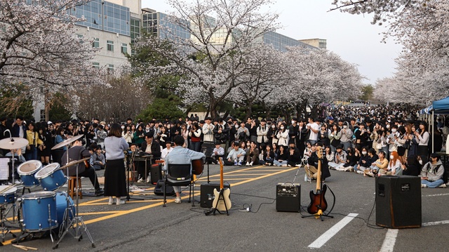 ▲ 벚꽃축제에는 버스킹, 힙합, 밴드 동아리 학생들의 공연이 펼쳐졌고, 일반 학생들은 거리 노래방에 참가해 노래 실력을 뽐냈다.ⓒ대구대