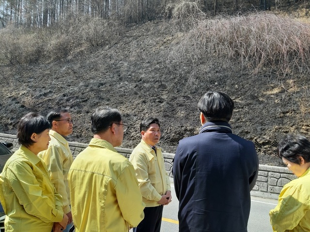 ▲ 김창규 제천시장(오른쪽 세번째)이 1일 봉양읍 명도리 산불 발화지점을 찾아 시 간부들과 함께 화재 수습 대책을 협의하고 있다.ⓒ제천시