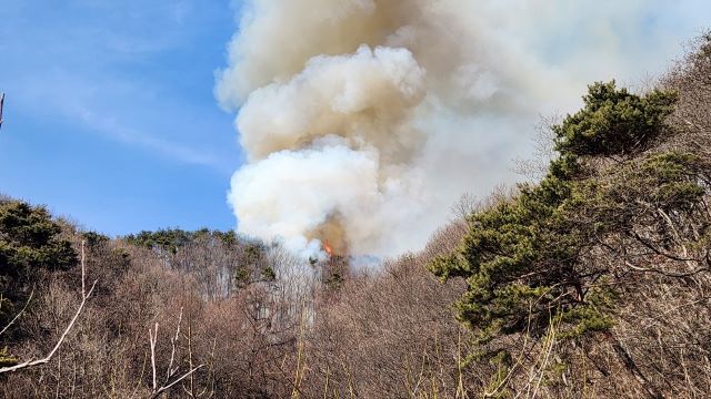 ▲ 지난달 10일 상당구 낭성면 추정리 일원에서 발생한 산불 모습.ⓒ청주시