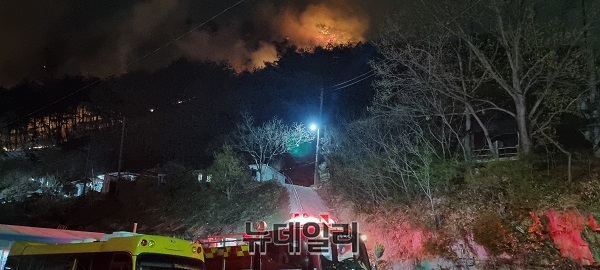 ▲ 지난 2일 발생한 대전 서구 산직동 산불은 3일 밤 장태산 휴양림 인근과 저수지 일대의 화선이 늘어나고 있는 모습이다.ⓒ김경태 기자