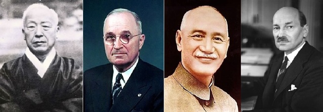 ▲ 이승만(왼쪽)이 해방순간 전보를 보낸 연합국 지도자들. 트루먼, 장제스, 애틀리.ⓒ뉴데일리DB