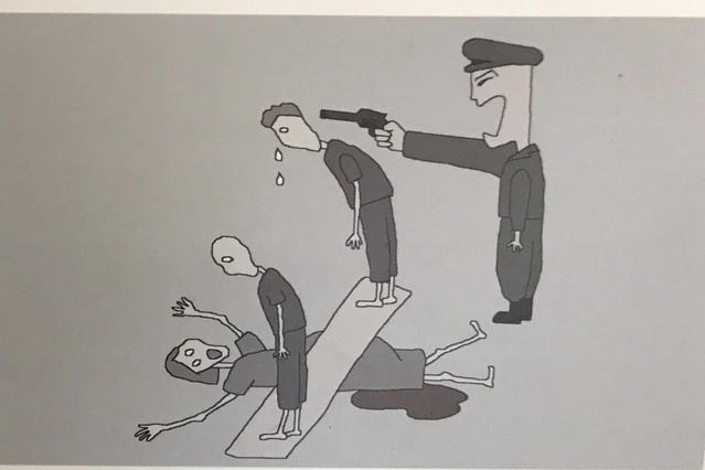 ▲ 중국에서 아이를 밴 탈북 여성이 강제로 낙태 당하는 장면, 보위부원의 위협 아래 두 명의 죄수가 여성의 배 위에서 널뛰기를 하고 있다. ⓒ뉴데일리DB