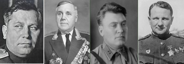 ▲ 스탈린의 '한반도 공산화' 지령 실행팀. 왼쪽부터 총지휘자 슈티코프, 정치담당 레베데프, 민정사령관 로마넹코. 군사령관 치스차코프.@뉴데일리DB