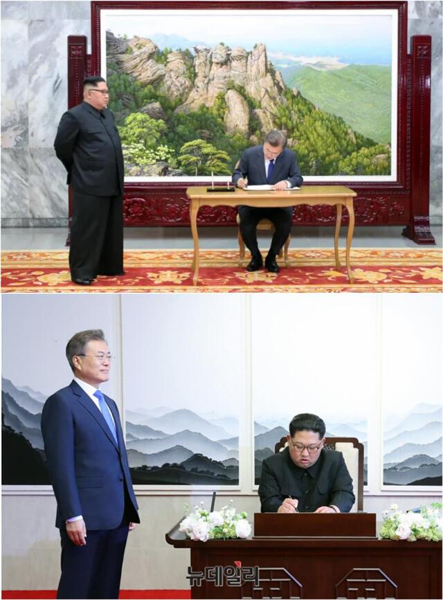 ▲ (위쪽)2018년 5월 26일 문재인 당시 대통령이 판문점 북측 지역 통일각을 방문해 방명록을 작성하고 있다. (아랫쪽)2018년 4월 27일 문재인 당시 대통령이 판문점 남북정상회담 당시 김정은의 방명록 서명을 기다리고 있다. ⓒ뉴데일리DB