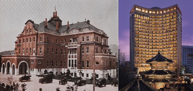 ▲ 하지 미군정사령관은 망명33년만에 귀국한 이승만 박사에게 조선호텔 최고의 스위트룸을 제공하였다. 사진은 일본이 1914년 건축한 경성철도호텔의 일제시대 모습. 오른쪽 건물은 1966년 철거후 신축한 오늘의 조선호텔ⓒ뉴데일리DB