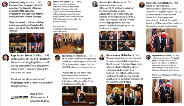 미국 상·하원 의원 50여 명이 27일(현지시간) 자신의 트위터에 윤석열 대통령의 의회 합동연설을 환영하는 메시지를 냈다. ⓒ트위터