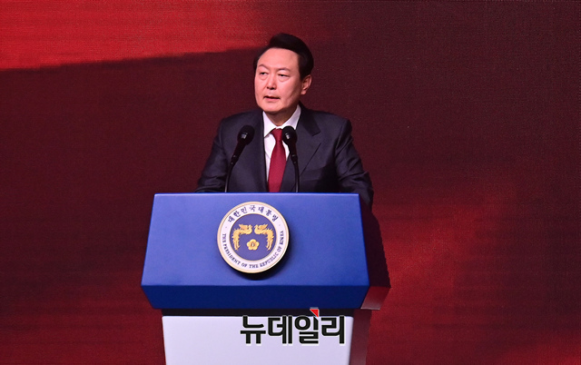 ▲ 윤석열 대통령이 3월 8일 오후 경기도 고양시 일산서구 킨텍스에서 열린 국민의힘 제3차 전당대회에서 축사를 하고 있다. ⓒ이종현 기자
