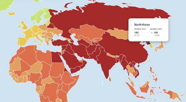 ▲ 국경없는기자회(RSF)가 세계언론의날(5월3일)을 맞아 공개한 '세계 언론 자유 지수'. 북한은 180개국중 180번째에 꼽혔다. ⓒ국경없는기자회 홈페이지