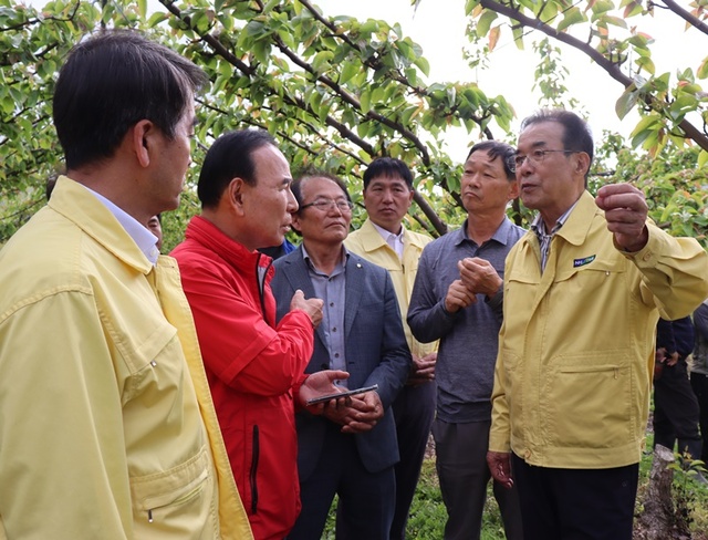 ▲ 박덕흠 국회의원(보은 옥천 영동 괴산)과 충북농협 관계자들이 냉해피해 농가를 방문했다.ⓒ충북농협