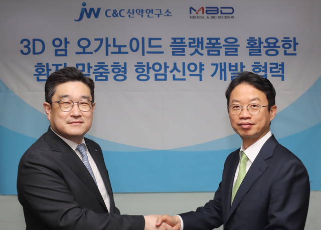 ▲ 박찬희 C&C신약연구소 대표이사(사진 왼쪽)와 구보성 엠비디 대표이사가 MOU 체결 후 기념촬영을 하고 있다. ⓒJW중외제약