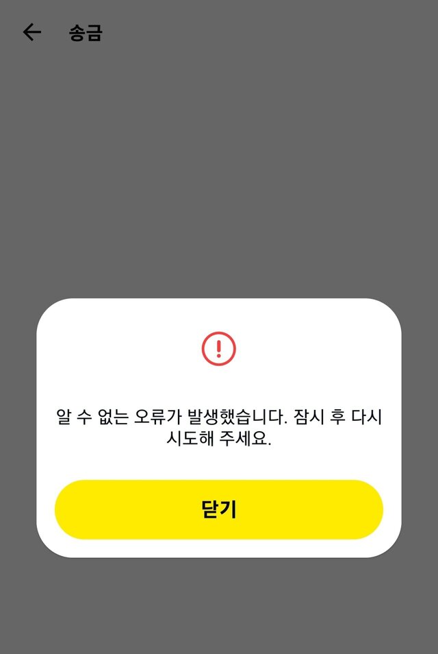 ▲ 카카오페이에서 15일 오류 안내 메세지가 나오고 있다.ⓒ카카오페이 캡쳐