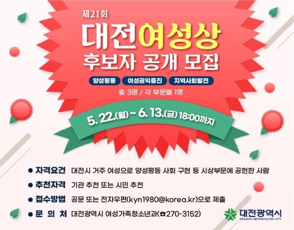▲ 제21회 대전여성상 수상 후보자 추천 홍보 포스터.ⓒ대전시