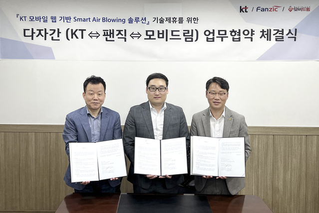 ▲ KT 가 팬직, 모비드림과 함께 국내 최초 ‘KT Air Blowing 솔루션’을 적용한 ‘산업용 대형 스마트 실링팬’ 제품 출시 및 공급을 위한 업무협약을 체결했다고 11일 밝혔다. ⓒKT