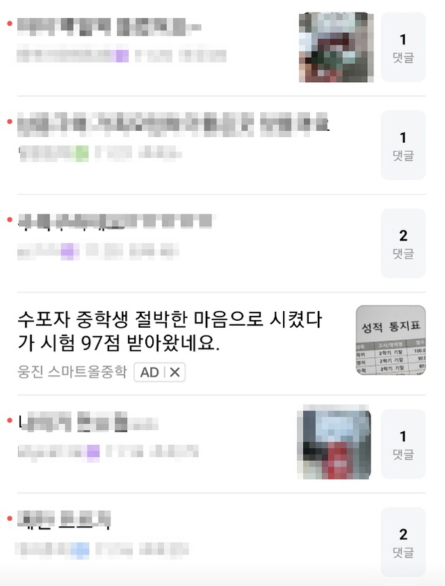 ▲ 한 네이버카페(맘카페)에 올라온 게시글을 가장한 광고. 게시글의 제목만 보면 자녀의 수학 성적을 걱정하는 엄마가 글을 올린 것으로 착각이 들게 한다. ⓒ맘카페 캡쳐