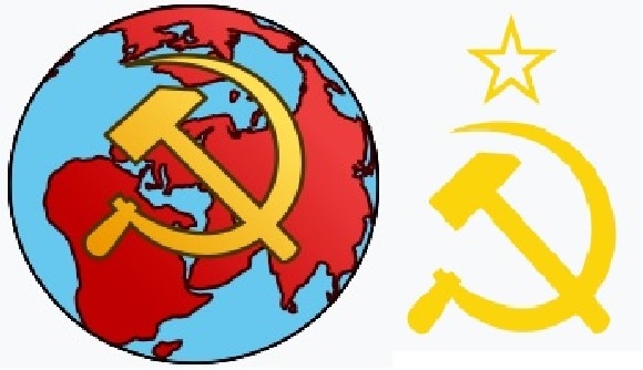 ▲ 레닌이 1919년 창설한 코민테른(국제공산당) 로고(왼쪽).  1946년 스탈린이 만든 코민포름의 로고(오른쪽).