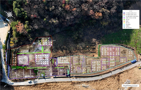 ▲ 천안 천흥사지 1~3차 발굴조사 현황(항공사진).ⓒ천안시
