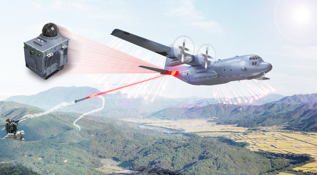 ▲ 한화시스템이 국내 최초로 국산화에 성공한 ‘지향성적외선방해장비 (DIRCM)’가 탑재된 C-130H 운용 개념 이미지.ⓒ한화시스템
