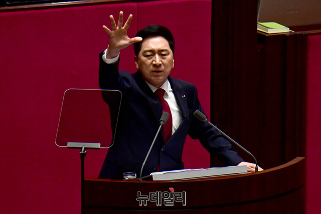 ▲ 김기현 국민의힘 대표가 20일 오전 국회에서 열린 본회의에서 교섭단체 대표연설을 하고 있다. ⓒ이종현 기자